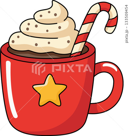 Cute Christmas Hot Cocoa Mug Cartoon with Whip Cream and Candy Cane Cute Christmas Hot Cocoa Mug Cartoon with Whip Cream and Candy Cane 133509454