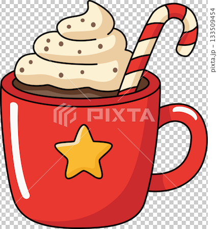 Cute Christmas Hot Cocoa Mug Cartoon with Whip Cream and Candy Cane Cute Christmas Hot Cocoa Mug Cartoon with Whip Cream and Candy Cane 133509454