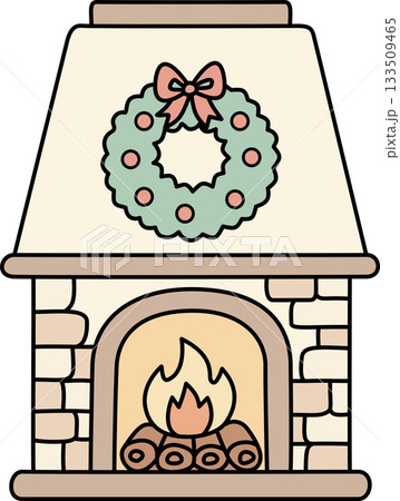 Cozy Christmas Fireplace with Wreath and Burning Fire 133509465