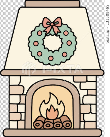 Cozy Christmas Fireplace with Wreath and Burning Fire Cozy Christmas Fireplace with Wreath and Burning Fire 133509465