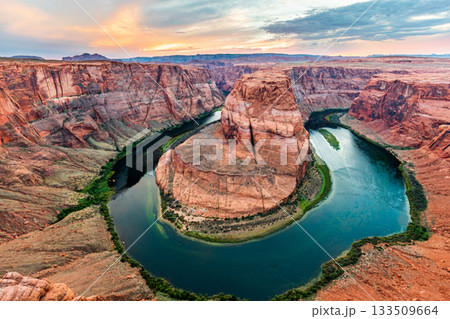Horseshoe Bend Landscape with Cool Blue River Water and Red Cliffs Horseshoe Bend Landscape with Cool Blue River Water and Red Cliffs 133509664
