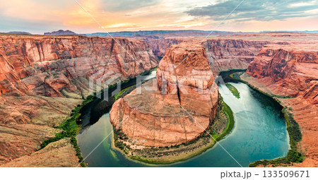 Wide View of Horseshoe Bend Sunset Glow on Red Cliffs Wide View of Horseshoe Bend Sunset Glow on Red Cliffs 133509671