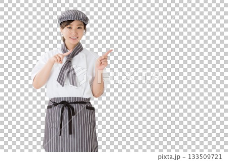 コックコートを着た女性(指差し,案内,紹介,こちら) コックコートを着た女性(指差し,案内,紹介,こちら) 133509721