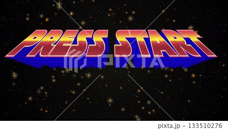 Bold 3D PRESS START text floating in outer space, with gradient effect, blue shadow, golden stars Bold 3D PRESS START text floating in outer space, with gradient effect, blue shadow, golden stars 133510276