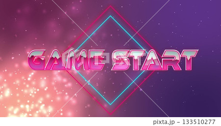 Neon GAME START text shining in arcade gradient background, with diamond shape and golden sparkles 133510277