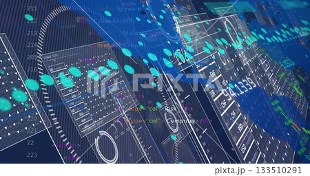 Complex cybersecurity interface displaying on grid, with transparent panels and code lines overlay 133510291