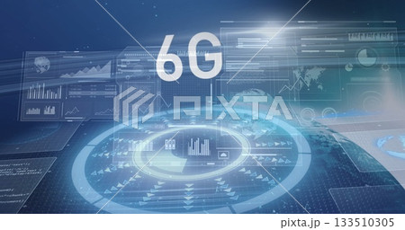 Displaying circular 6G interface floating in virtual network with data panels and world map arrows 133510305