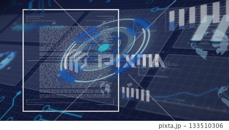 Displaying panel showing VARIABLE CRYPTO ALGORITHM text on grid, with ring graphic, bar charts 133510306