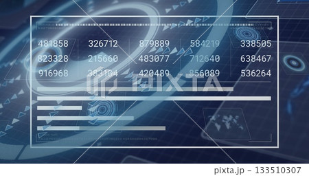 Displaying hologram hovering over circuit board, with numeric readouts charts reticles and map icon 133510307