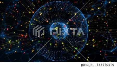 Glowing wireframe globe representing Earth streaming multicolored data nodes within network mesh 133510319