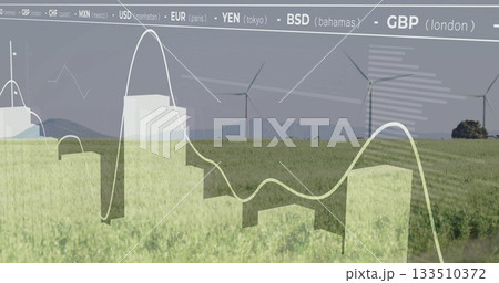 Presenting wind turbines standing at wind farm, with financial graph, bars, currency labels overlay 133510372