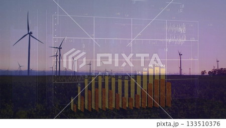 Displaying wind turbines rising on grassy plain at dusk, with translucent 3D grid, bars, labels 133510376