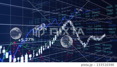 Displaying market chart in holographic grid with white candlesticks, trends and percentage labels Displaying market chart in holographic grid with white candlesticks, trends and percentage labels 133510390