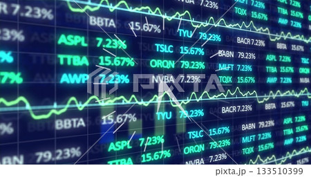 Showing stock market data on screen, with ticker symbols, percentages, line charts, white arrows 133510399