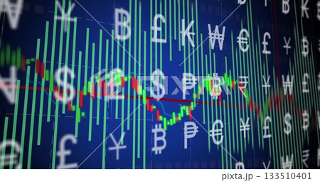 Displaying chart showing candlestick bars and line graph on trading interface with currency symbols 133510401