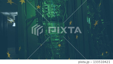 Showcasing central server rack glowing with green LEDs in data center, with switches and cables Showcasing central server rack glowing with green LEDs in data center, with switches and cables 133510421