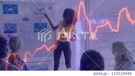 Pointing curly-haired presenter discussing strategy at conference room with whiteboard visuals Pointing curly-haired presenter discussing strategy at conference room with whiteboard visuals 133510448