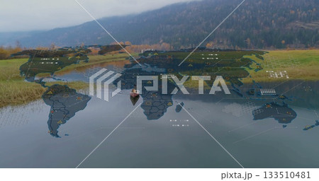 Paddling man wearing life jacket in canoe on calm lake water, with digital world map overlay Paddling man wearing life jacket in canoe on calm lake water, with digital world map overlay 133510481
