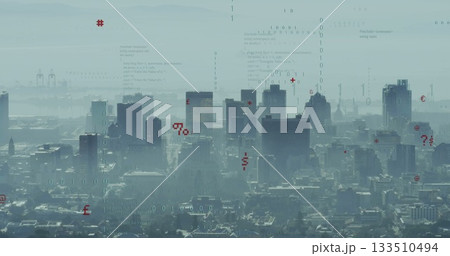 Displaying modern skyscrapers rising through haze at harbor view, with binary code symbols 133510494