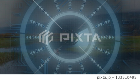Overlaying circular interface blending into lakeside marsh, with concentric rings and radial arrows 133510495