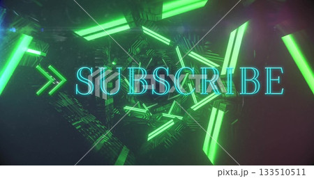 Pulsing neon 'SUBSCRIBE' text shining in digital tunnel, with green bars, arrows, circuit panels Pulsing neon 'SUBSCRIBE' text shining in digital tunnel, with green bars, arrows, circuit panels 133510511