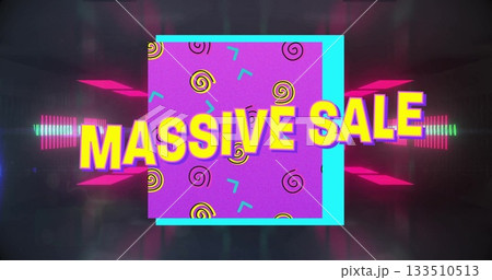 Showcasing central purple sale banner floating on neon virtual stage, with 3D MASSIVE SALE text Showcasing central purple sale banner floating on neon virtual stage, with 3D MASSIVE SALE text 133510513