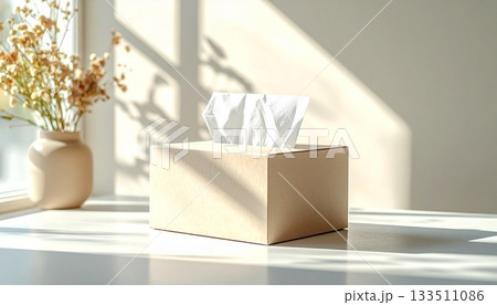 清潔感のあるシンプルな空間に置かれた、柔らかな自然光と影が落ちるティッシュボックス 清潔感のあるシンプルな空間に置かれた、柔らかな自然光と影が落ちるティッシュボックス 133511086