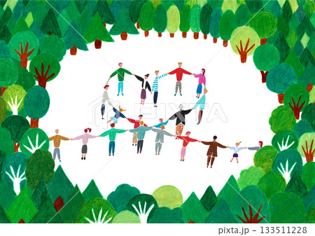 手描きイラスト 木々の中でハート型に手をつなぐ人々 手描きイラスト 木々の中でハート型に手をつなぐ人々 133511228