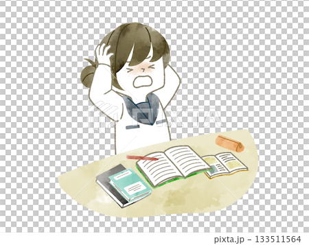 Female student holding her head while studying - watercolor Female student holding her head while studying - watercolor 133511564
