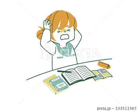 勉強中に頭を抱えている女子学生-4色 勉強中に頭を抱えている女子学生-4色 133511567