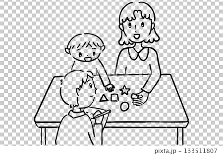 Parents and children undergoing parent training with support staff watching over them 133511807