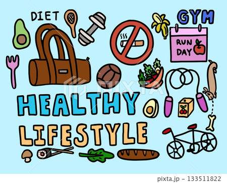 Hand drawn vector illustrations of healthy lifestyle such as gym bag, no smoking sign, bicycle, banana, salad bowl, avocado, egg, dumbbell, juice, bread, sushi, jumping rope, walking dog, basketball	 133511822
