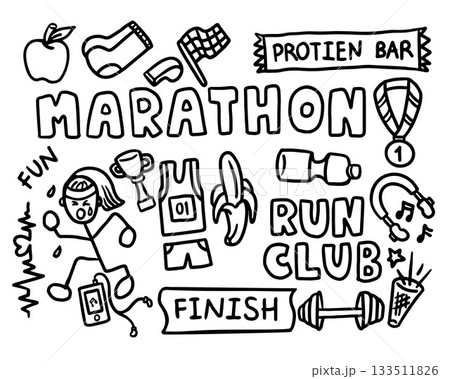 Hand drawn outline vector of marathon or running elements such as protein bar, girl running, trophy, gold medal, uniform, apple, banana, finish line, dumbbell, water or energy drink, headphone	 133511826