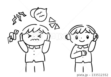 音が苦手な子どもとヘッドホンで落ち着く子どものイラスト／療育・感覚過敏 133512352