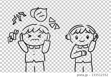 圖解：一個對聲音敏感的孩子和一個戴上耳機後能安靜下來的孩子 / 治療性教育 / 感覺過敏 133512352