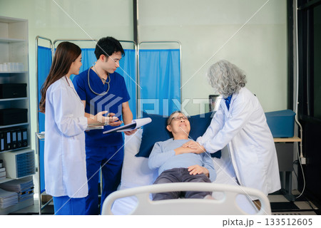 Healthcare professionals diagnosing and treating a senior patient. Perfect for themes of elderly care, teamwork 133512605