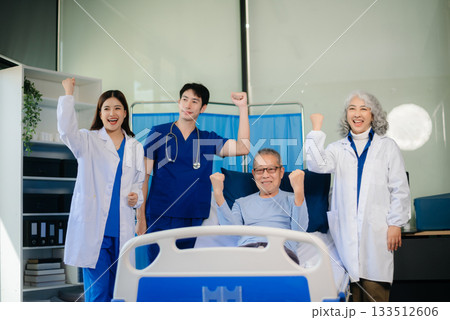Healthcare professionals diagnosing and treating a senior patient. Perfect for themes of elderly care, teamwork Healthcare professionals diagnosing and treating a senior patient. Perfect for themes of elderly care, teamwork 133512606