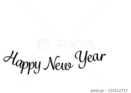 Featuring black cursive Happy New Year text arcing across minimal flat design white canvas Featuring black cursive Happy New Year text arcing across minimal flat design white canvas 133512717