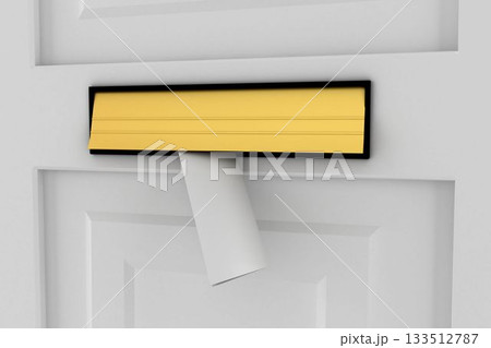 Flat design is showing rectangular mail slot in white paneled door, with yellow hinged flap 133512787