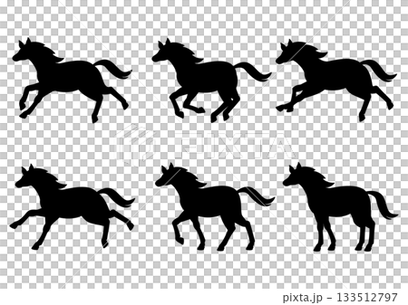 Vector illustration of a simple horse silhouette - running/walking/standing pose set Vector illustration of a simple horse silhouette - running/walking/standing pose set 133512797