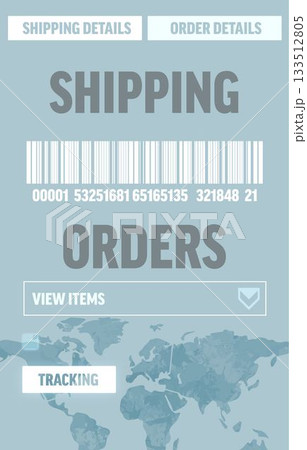 Shipping orders UI is showcasing flat UI with barcode, view or tracking buttons, world-map silhouett Shipping orders UI is showcasing flat UI with barcode, view or tracking buttons, world-map silhouett 133512805