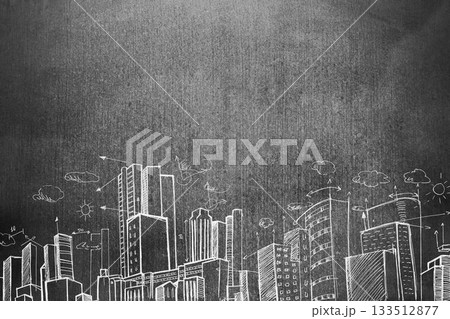 Chalk-drawn city skyline sketch is spanning chalkboard surface with clouds arrows annotations 133512877