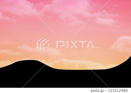 Minimalistic flat design is showing rolling black hills under pastel gradient sky with clouds 133512980