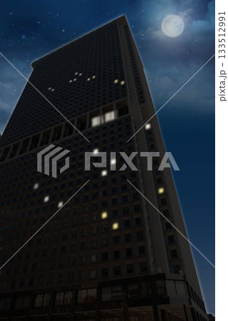 Flat design skyscraper rising street level, featuring grid windows lit under full moon and stars Flat design skyscraper rising street level, featuring grid windows lit under full moon and stars 133512991