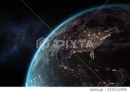 Digitally generated image of illuminated Earth 133512994