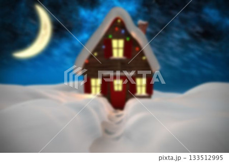 Wooden cabin is glowing in flat design snowy night, with colored lights, footprints, crescent moon Wooden cabin is glowing in flat design snowy night, with colored lights, footprints, crescent moon 133512995