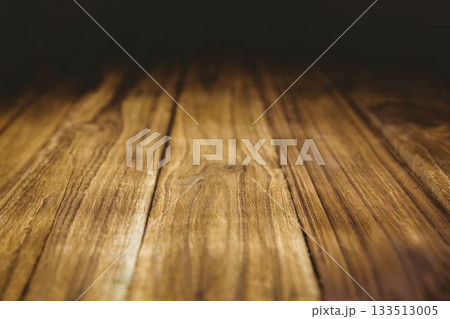 Flat wooden planks are extending into blurred backdrop in flat style, showing grain textures, knots 133513005