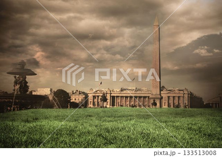 Luxor Obelisk is standing in flat design square with fountain, lawn, building, French flag 133513008
