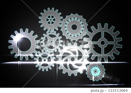 Cluster of neon-outlined gears is floating above glossy surface in 3D render with soft light flares 133513064