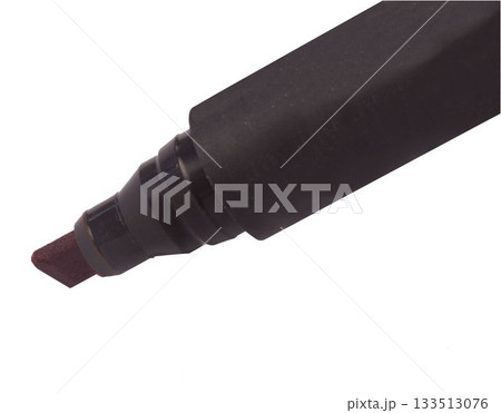 Black chisel-tip marker is showing flat design close-up, maroon nib on white background, copy space 133513076